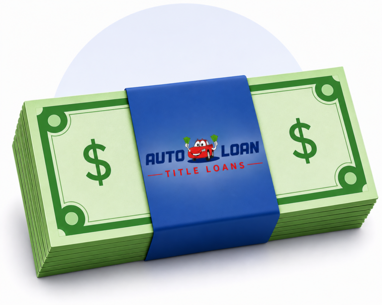 Fajo de billetes de dólar con el sello de Auto Loan Title Loans